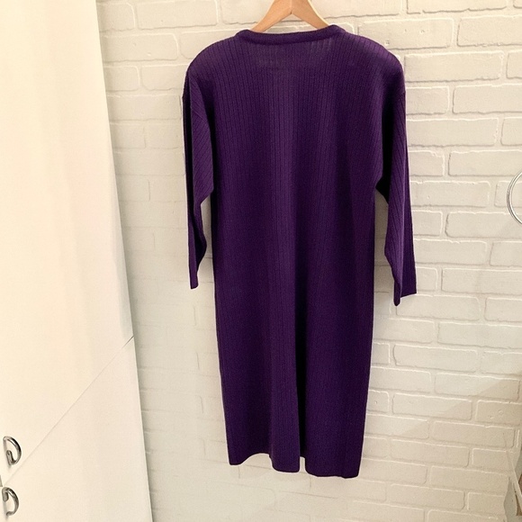 Vintage 80s Knit Dress Midi Secretary Purple Longsleeve Button down Pockets 14 - Picture 5 of 11